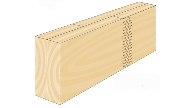  Illustriertes Duo- oder Trio-Balkenholz mit sichtbarer Keilzinkung.